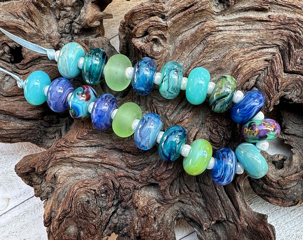 blue green lampwork beads