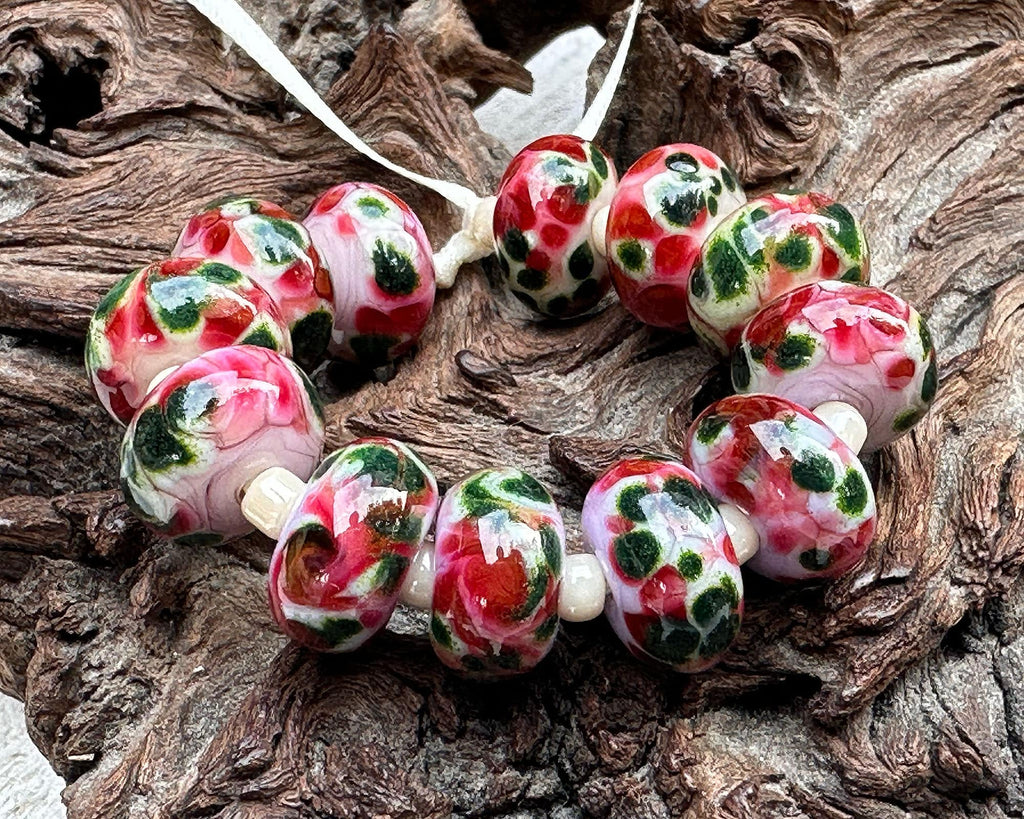 pink green lampwork beads