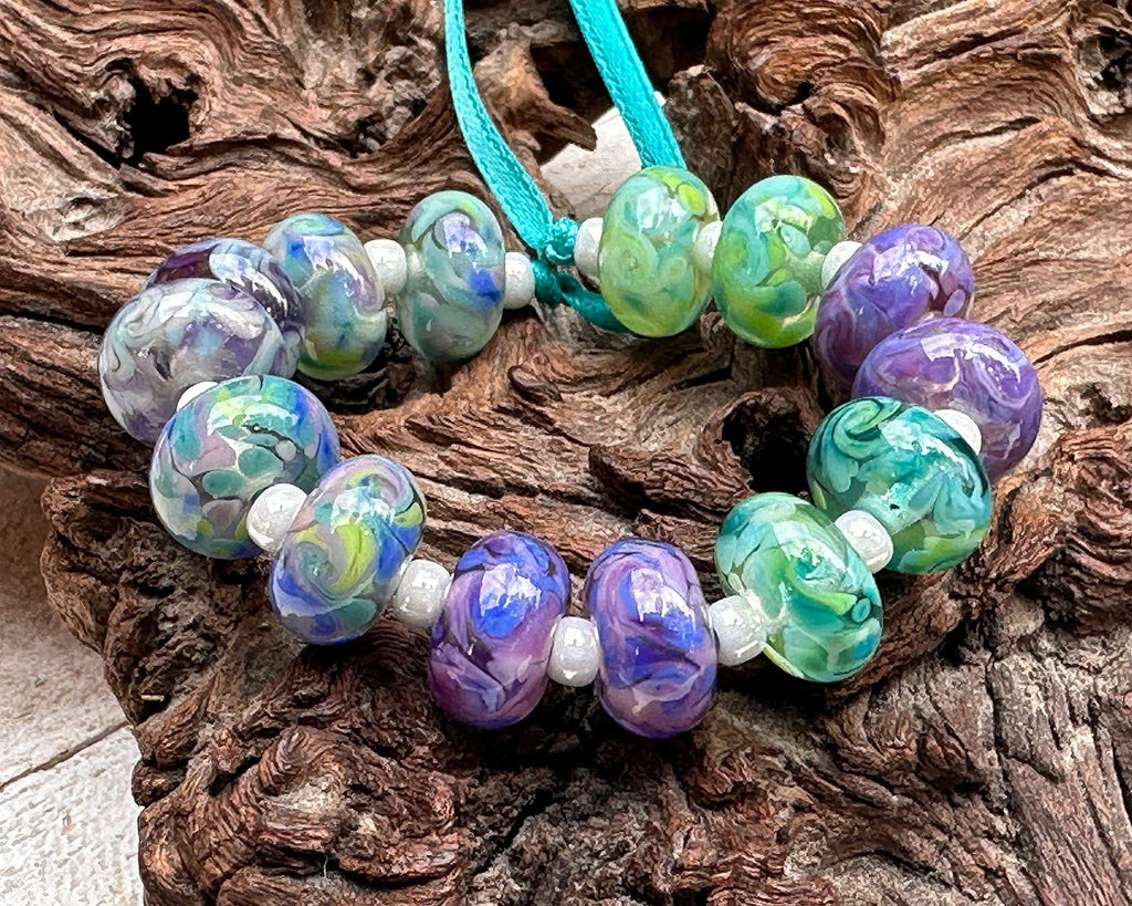 purple green lampwork beads