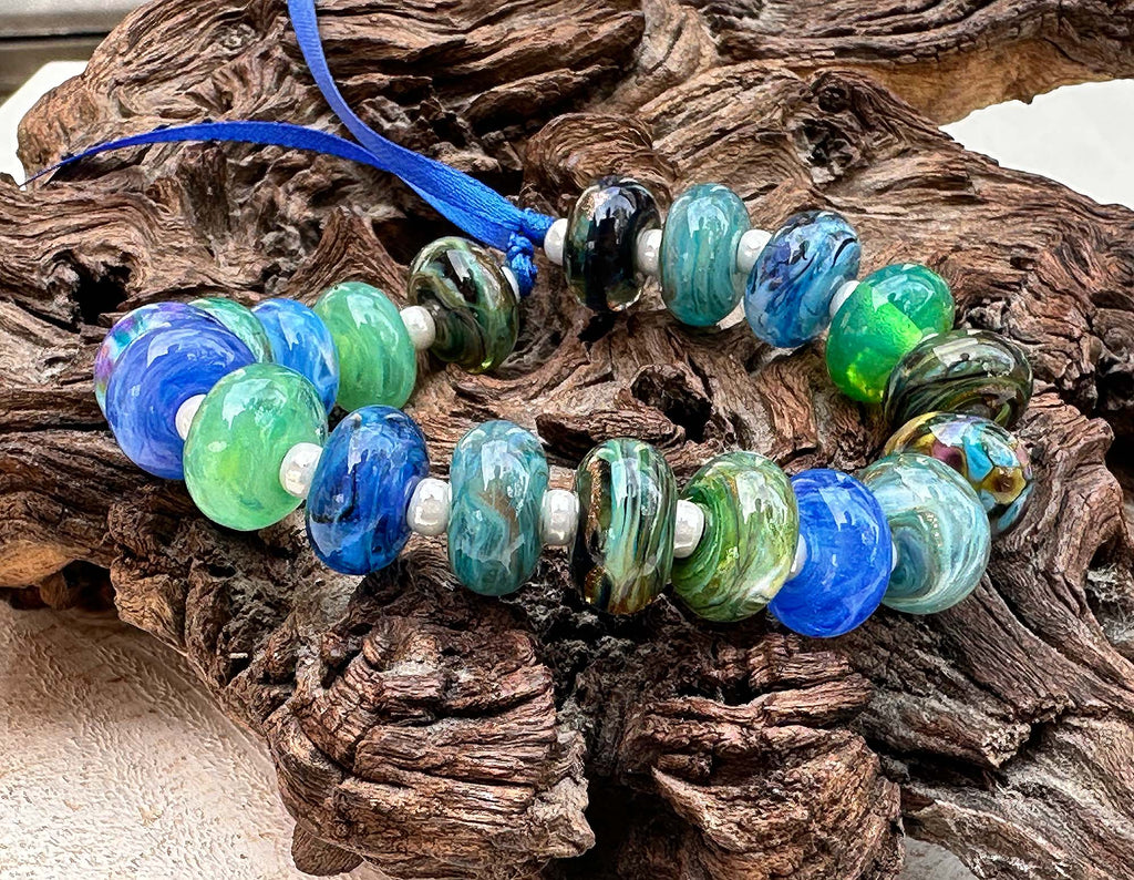 blue green lampwork beads